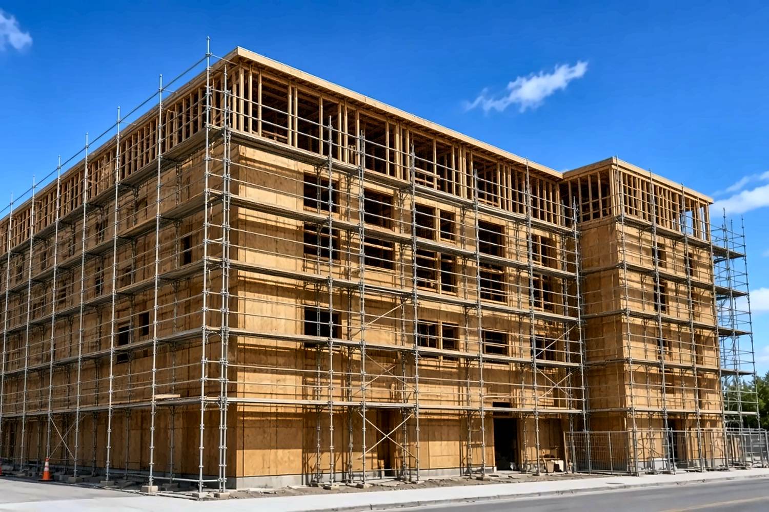 Sheathed multifamily mid-rise with scaffolding